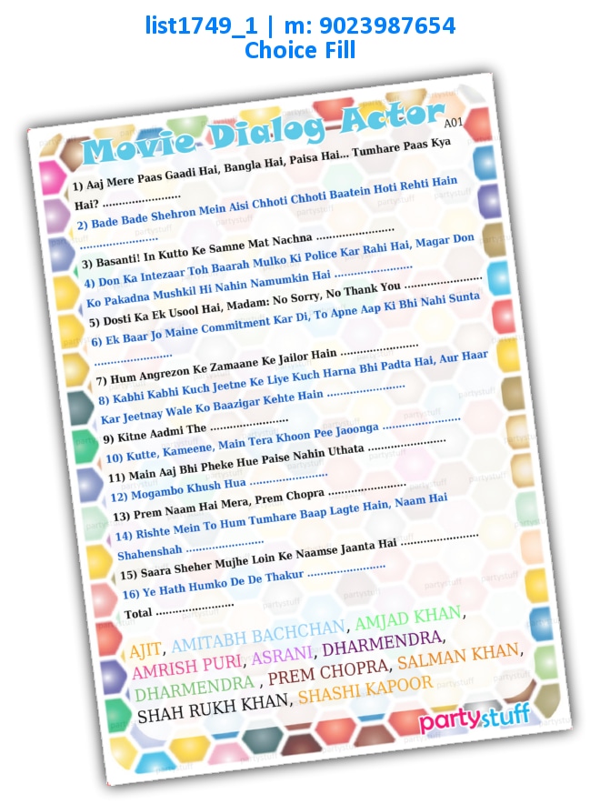 Dialog Actor Fill Choice | Printed list1749_1 Printed Paper Games