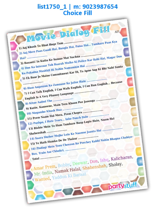 Dialogue Movie Fill Choice list1750_1 Printed Paper Games