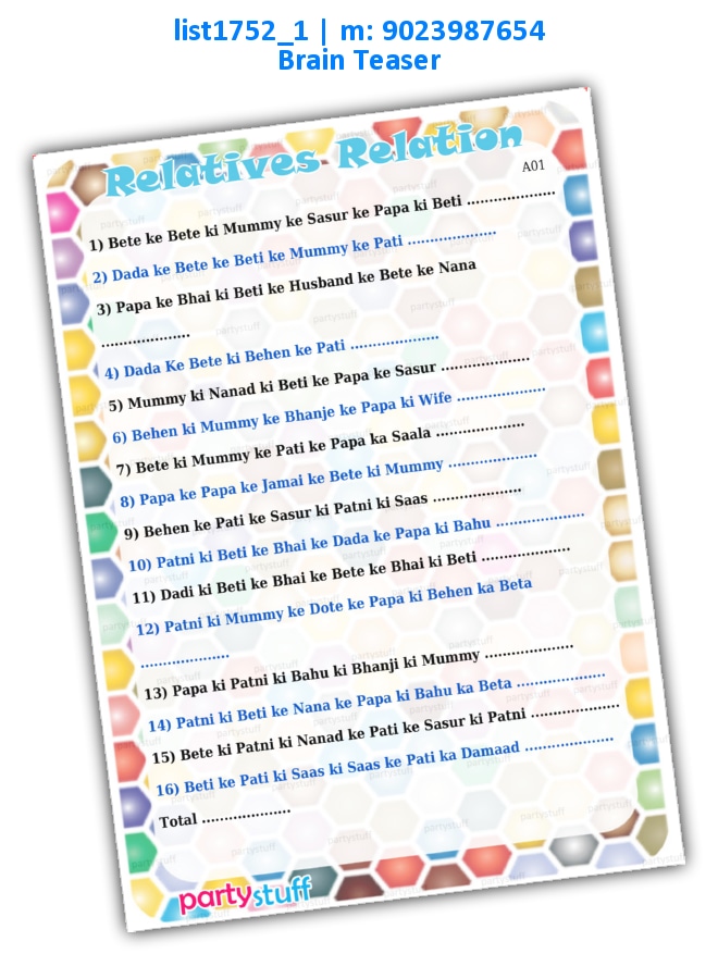 Relatives Relationship | Printed list1752_1 Printed Paper Games