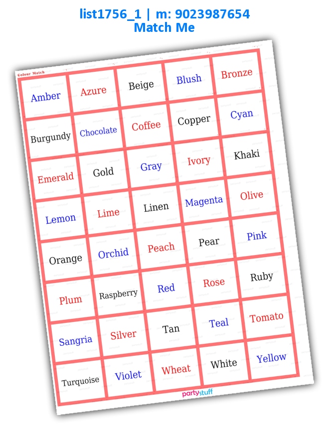 Colour Name Match Me | Printed list1756_1 Printed Paper Games
