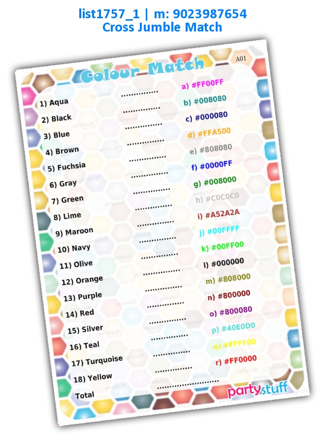 Colour Match Jumble | Printed list1757_1 Printed Paper Games