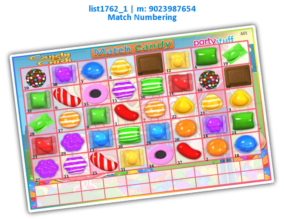 Candy Crush 20 Match Numbering | Printed list1762_1 Printed Paper Games