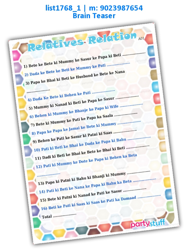 Relative Relations Female | Printed list1768_1 Printed Paper Games