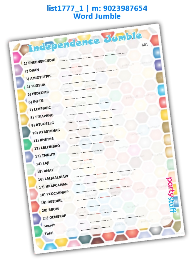 Independence Terms Jumble | Printed list1777_1 Printed Paper Games
