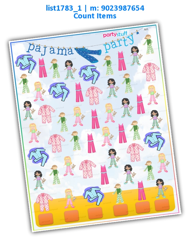 Pajama Party Count Items | Printed list1783_1 Printed Paper Games