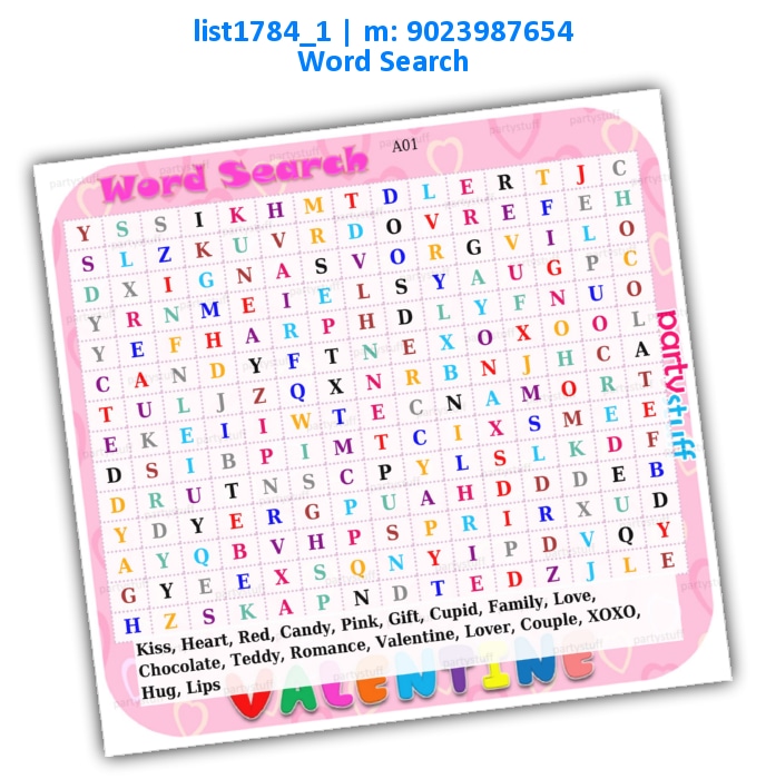 Valentine Word Search 3 list1784_1 Printed Paper Games