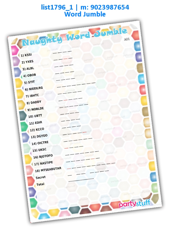 Naughty Jumble Words | Printed list1796_1 Printed Paper Games