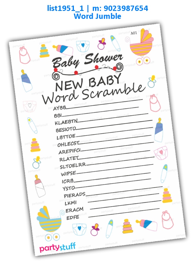 Baby Shower Word Scamble list1951_1 Printed Paper Games