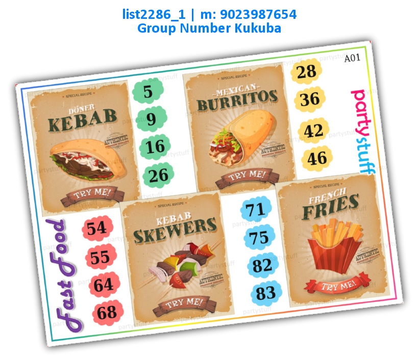 Fast Food kukuba 11 list2286_1 Printed Tambola Housie