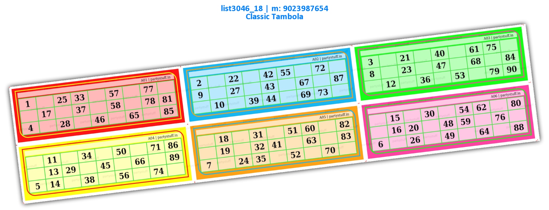 Classic Colorful Grid 5 | Printed list3046_18 Printed Tambola Housie