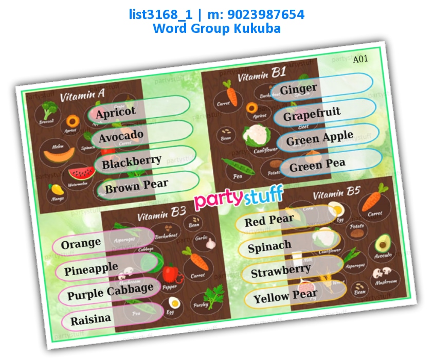 Healthy Fruits Vegetables Item kukuba | Printed list3168_1 Printed Tambola Housie