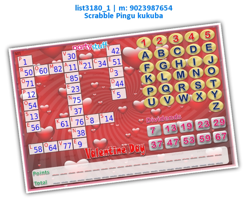 Valentine Day Scrabble pingu kukuba | Printed list3180_1 Printed Tambola Housie