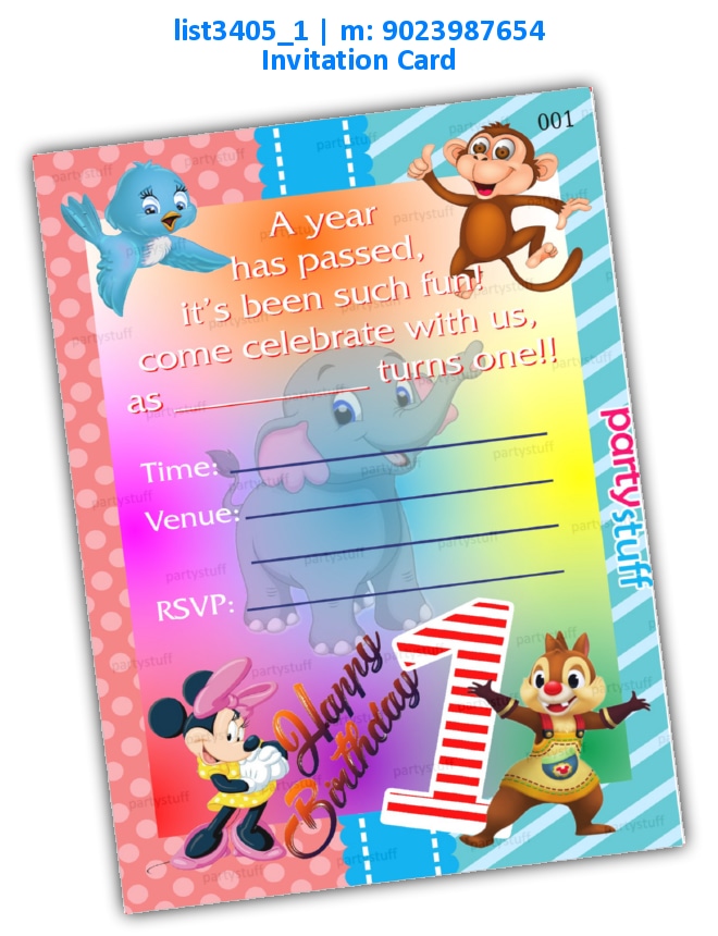 Cartoon 1st Birthday Invitation Card | Printed list3405_1 Printed Cards