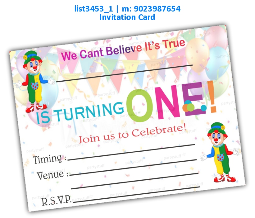 Clown 1st Birthday Invitation Card | Printed list3453_1 Printed Cards