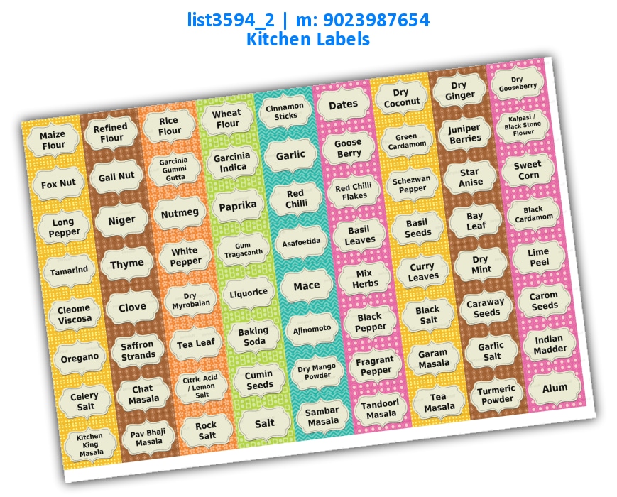 Kitchen Spices Labels in English | Printed list3594_2 Printed Cards