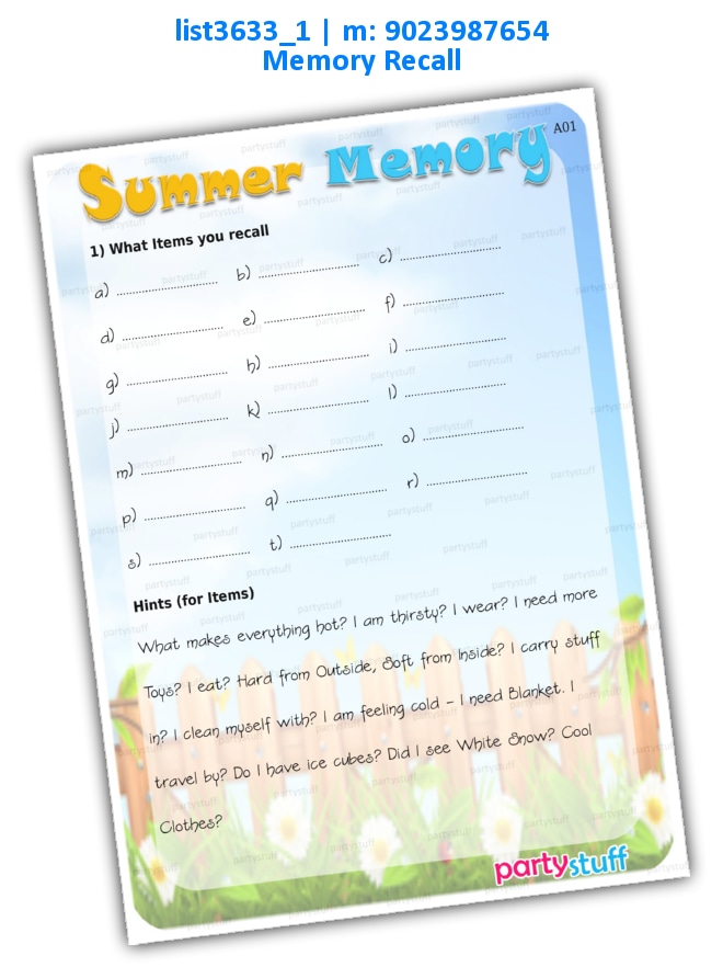 Summer Memory Recall 2 list3633_1 Printed Paper Games