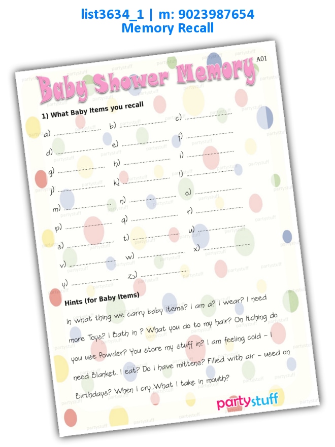 Baby Shower Memory Recall | Printed list3634_1 Printed Paper Games