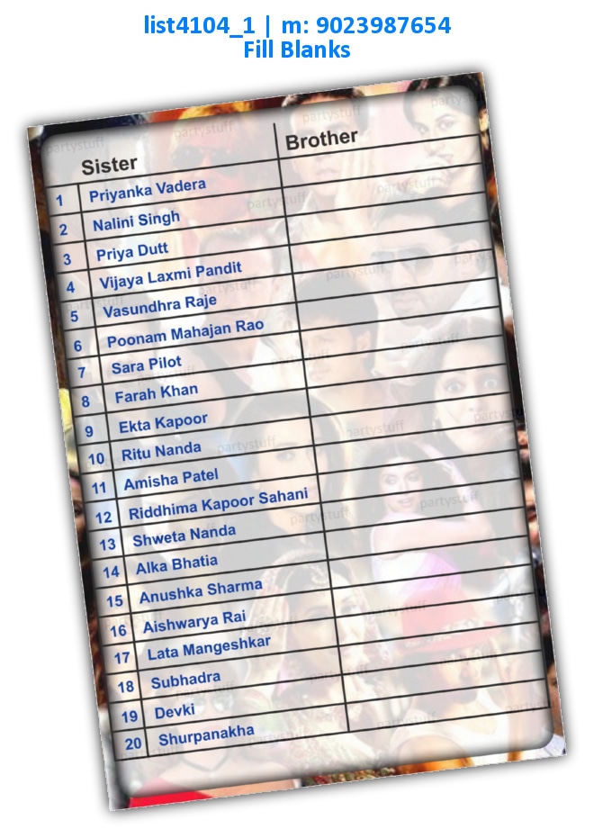 Guess brother name list4104_1 Printed Paper Games