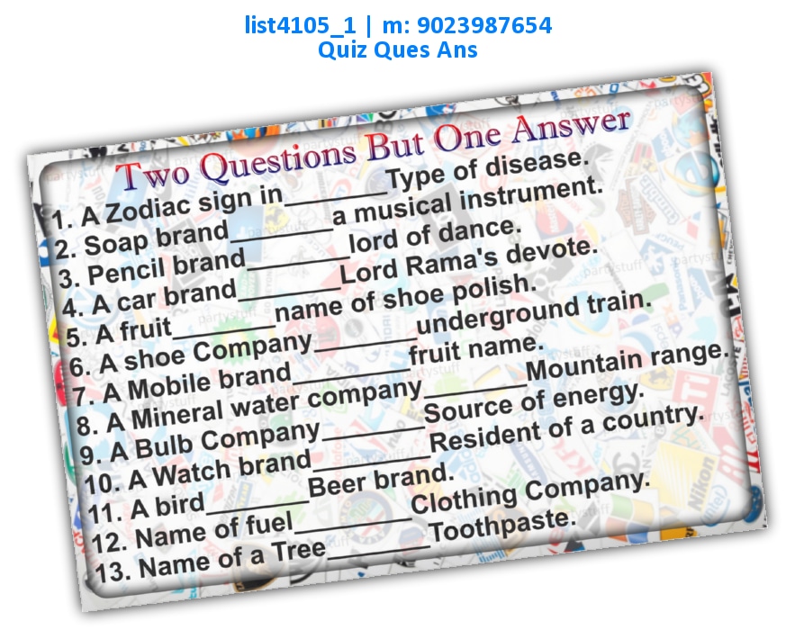 2 Questions 1 Answer 2 | Printed list4105_1 Printed Paper Games