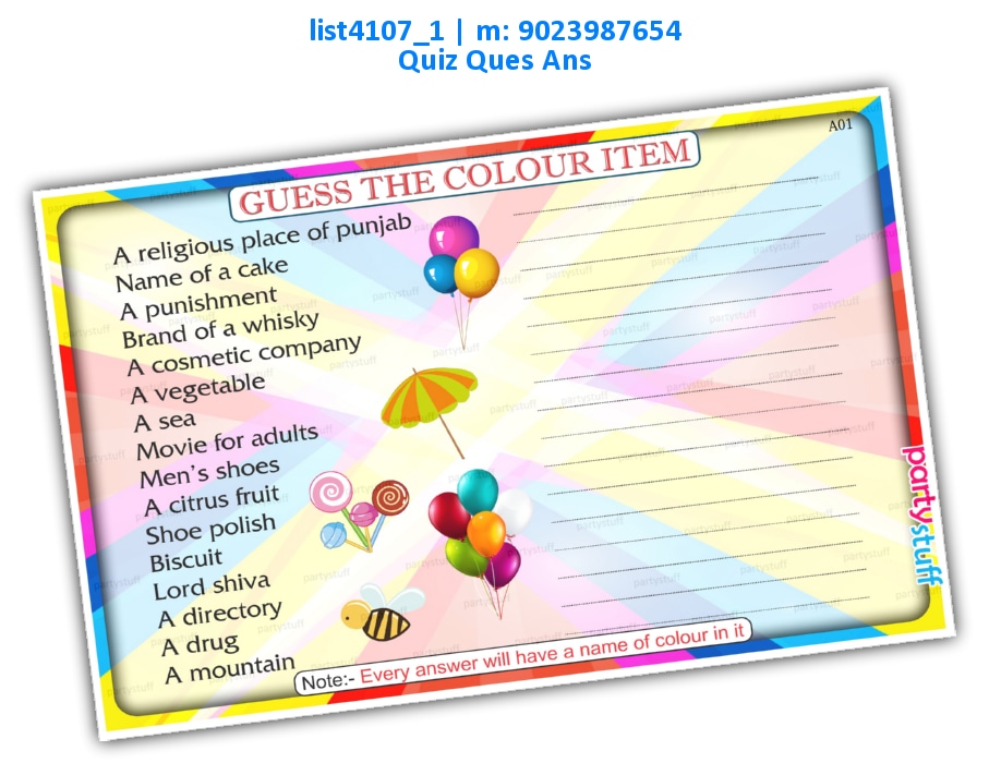 Guess Colour Item | Printed list4107_1 Printed Paper Games