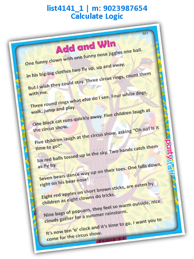 Add and Calculate Clown Story | Printed list4141_1 Printed Paper Games