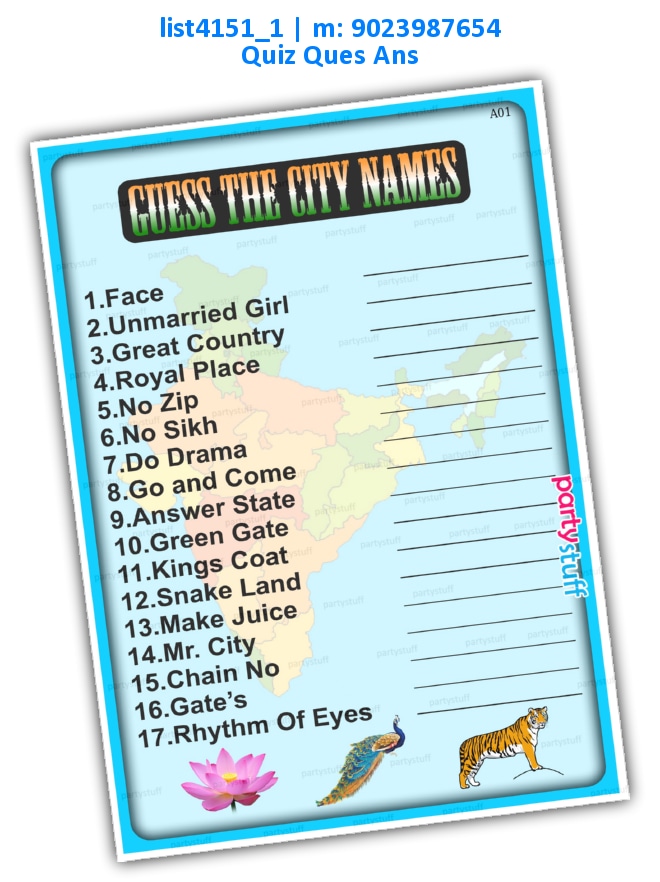 Guess City names | Printed list4151_1 Printed Paper Games