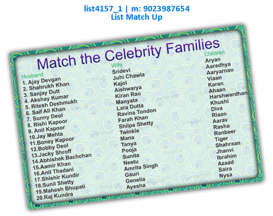 Match Celebrity Family members list4157_1 Printed Paper Games