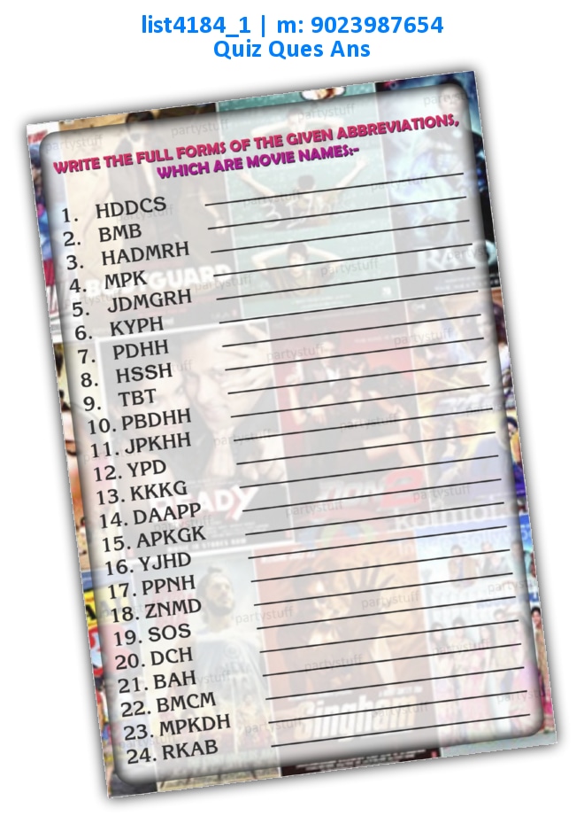 Write Movie names from abbreviation | Printed list4184_1 Printed Paper Games