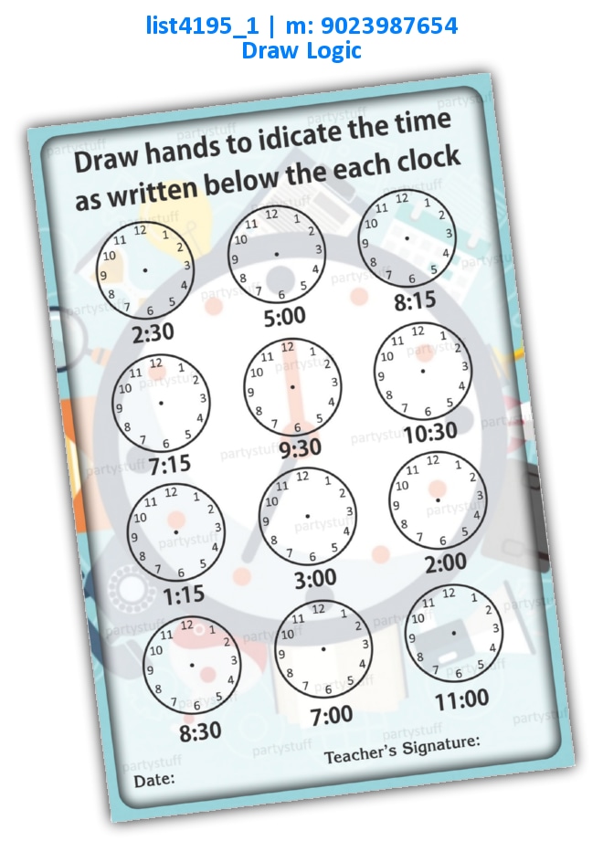 Draw Clock Hand Timings | Printed list4195_1 Printed Paper Games