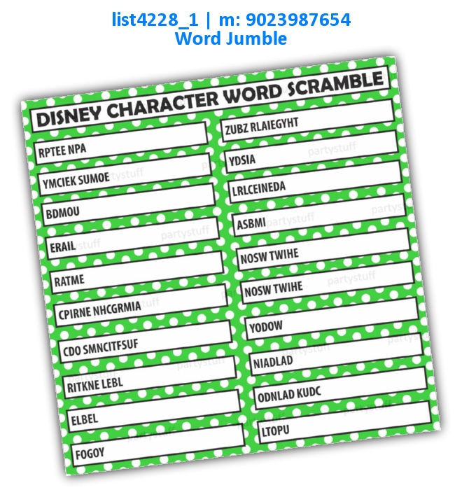 Disney Character Word Jumble | Printed list4228_1 Printed Paper Games