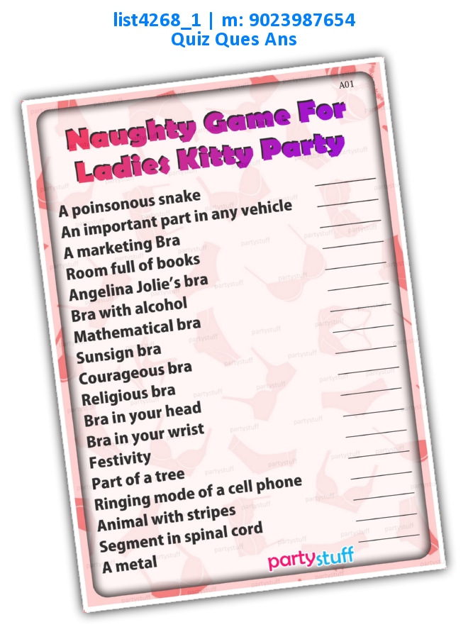 Naughty Game answer with Bra | Printed list4268_1 Printed Paper Games