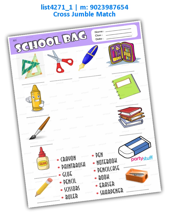 School Bag Items Identify | Printed list4271_1 Printed Paper Games