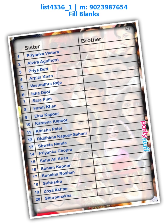 Sister guess Brother | Printed list4336_1 Printed Paper Games