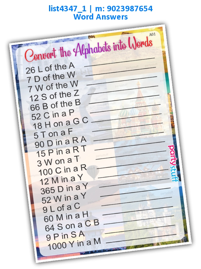 Convert alphabets into words | Printed list4347_1 Printed Paper Games