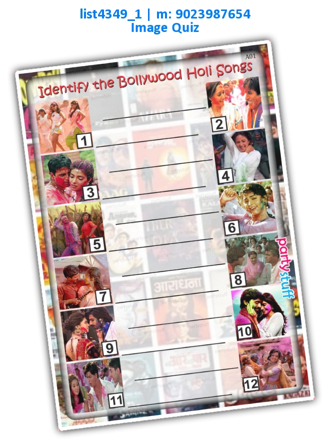 Identify Bollywood Holi Songs list4349_1 Printed Paper Games