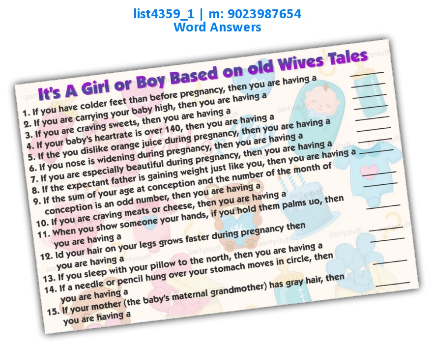 Girl Boy Old Wives Tales | Printed list4359_1 Printed Paper Games