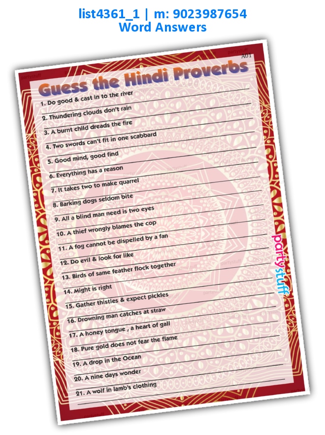 Guess hindi proverbs list4361_1 Printed Paper Games