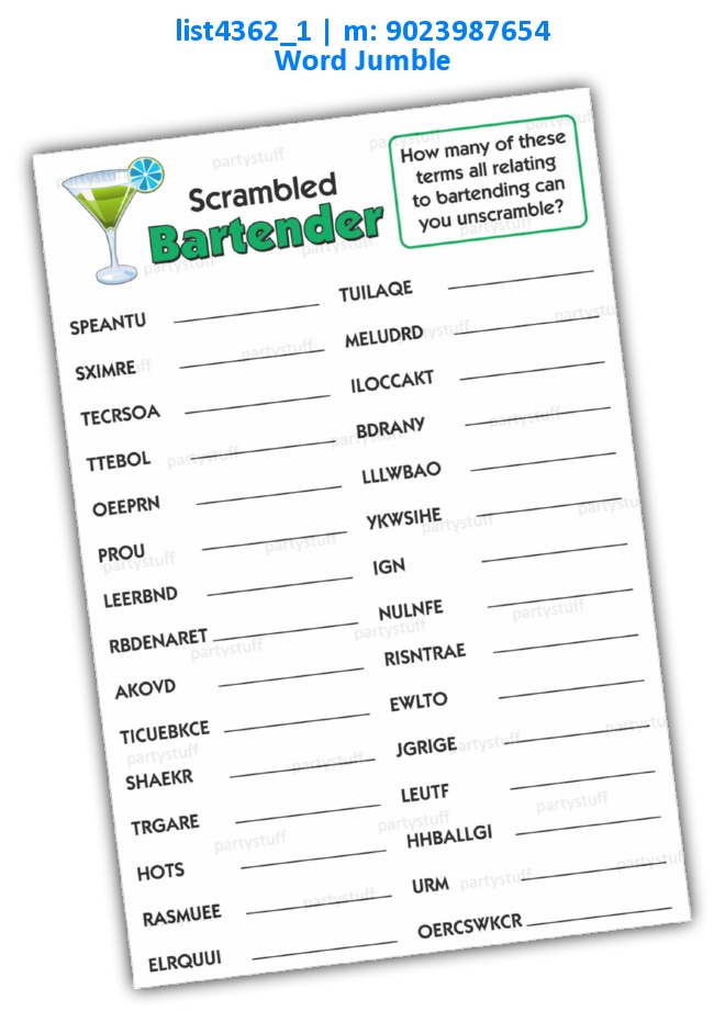 Unjumble Scrambled Bartender list4362_1 Printed Paper Games