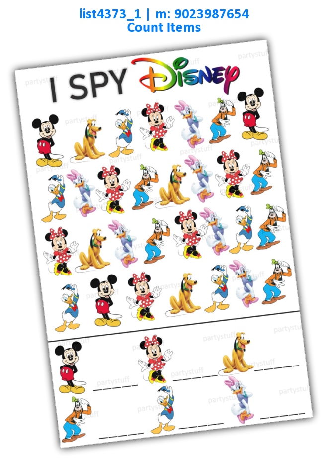 Disney Character count items | Printed list4373_1 Printed Paper Games