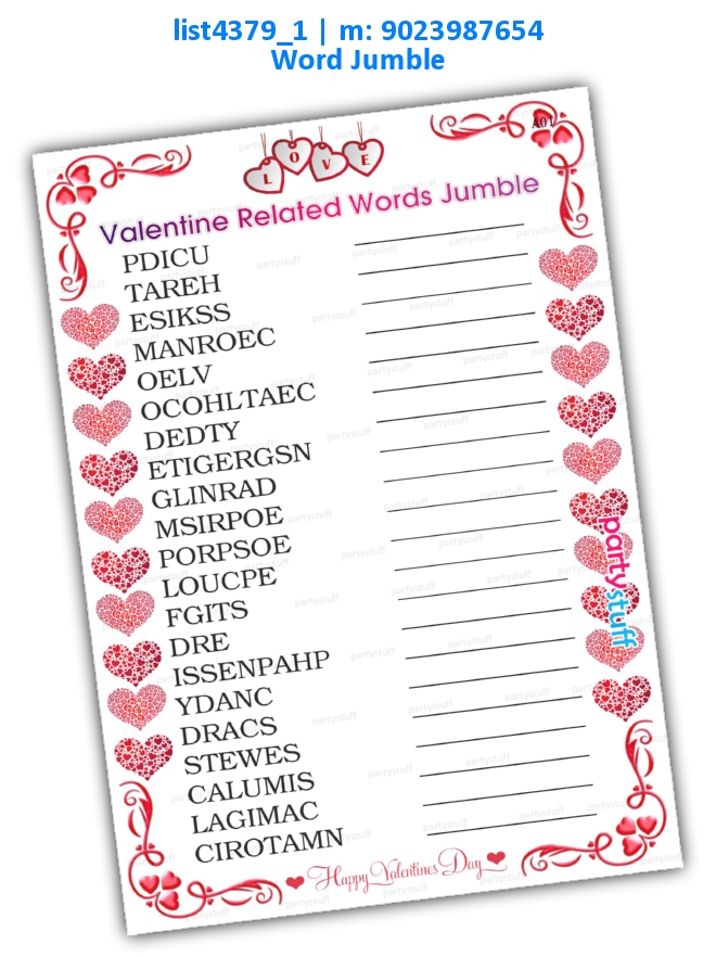 Valentine Word Jumble | Printed list4379_1 Printed Paper Games