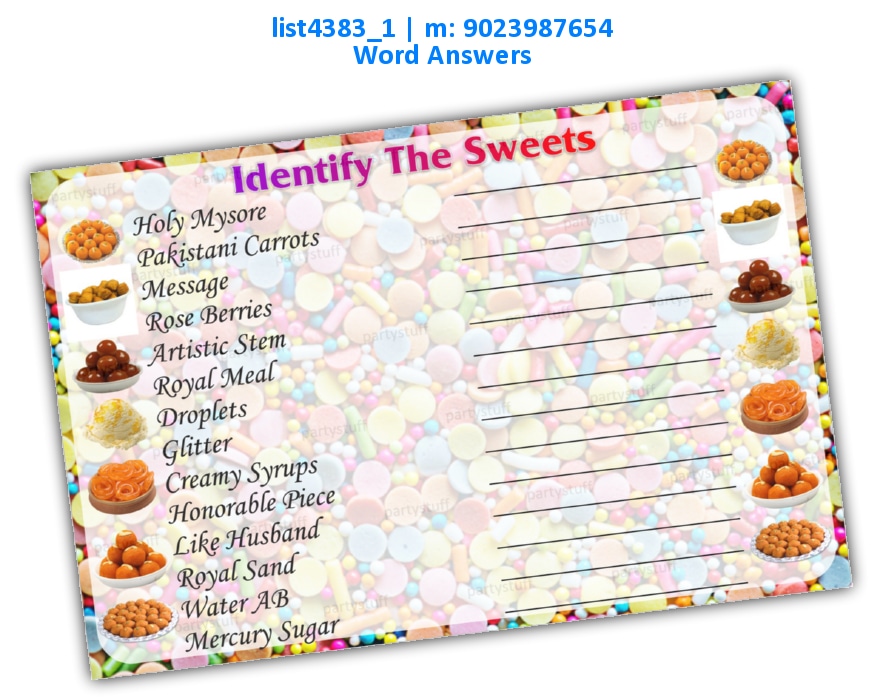 Identify Sweets | Printed list4383_1 Printed Paper Games