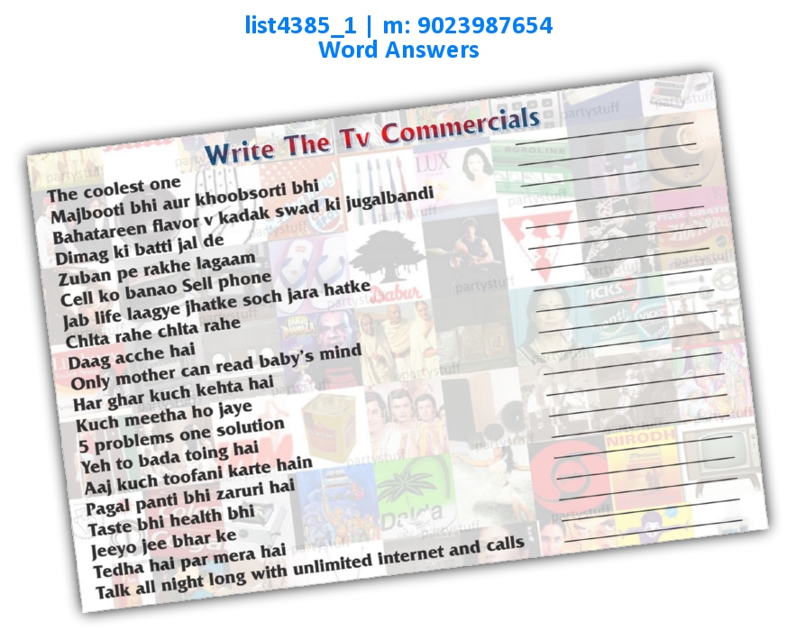 Write Television Commercials | Printed list4385_1 Printed Paper Games