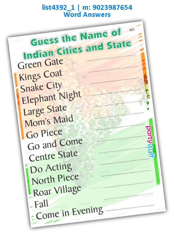 Guess Indian Cities State | Printed list4392_1 Printed Paper Games