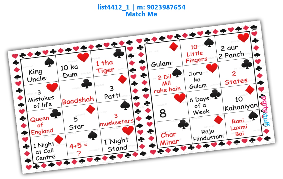 Playing cards identify and find | Printed list4412_1 Printed Paper Games