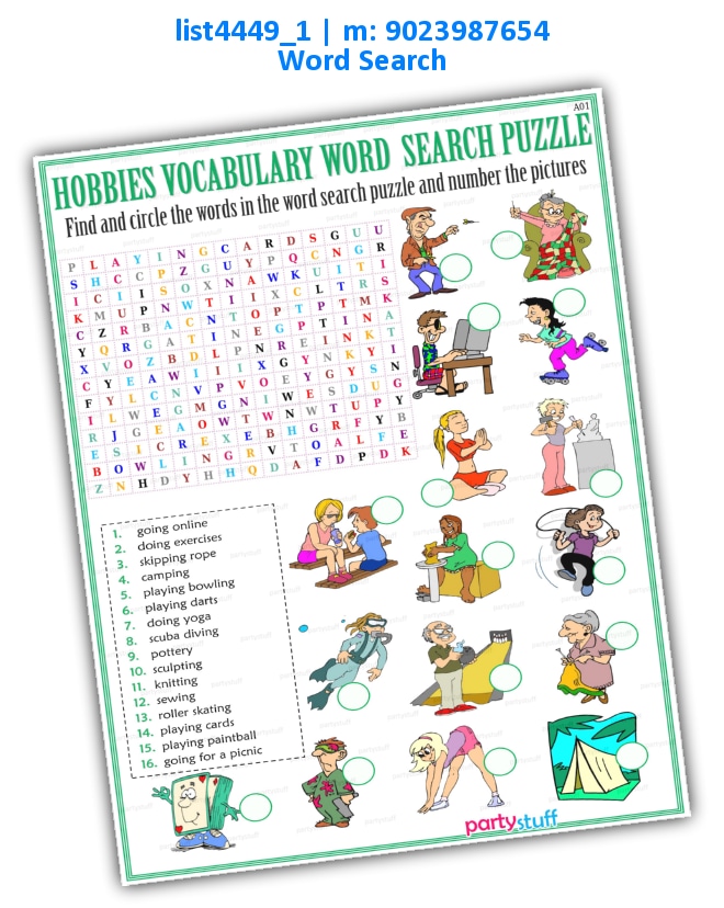 Hobbies Vocabulary Word Search | Printed list4449_1 Printed Paper Games