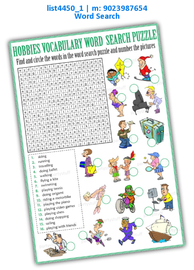 Hobbies Vocabulary Word Search 2 list4450_1 Printed Paper Games