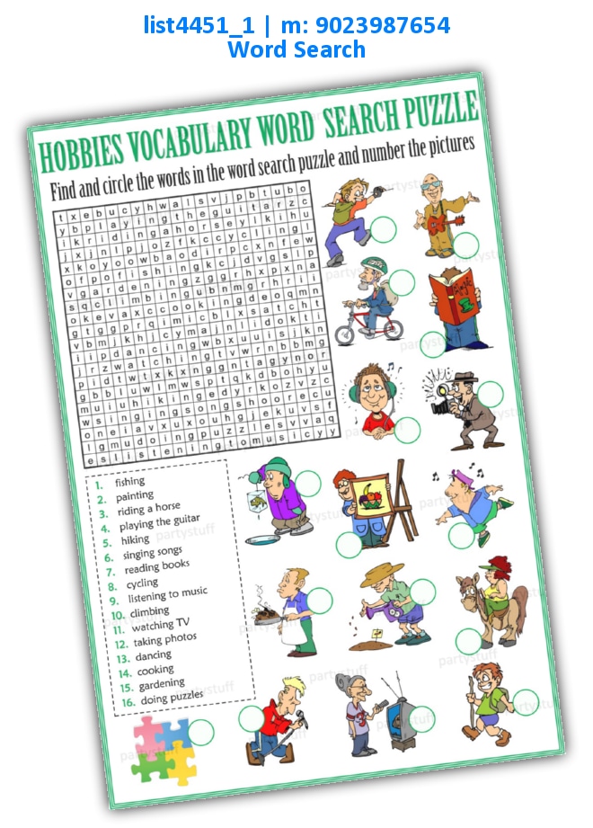 Hobbies Vocabulary Word Search 3 list4451_1 Printed Paper Games
