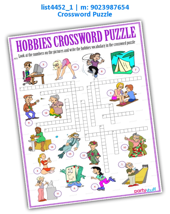 Hobbies Crossword Puzzle | Printed list4452_1 Printed Paper Games