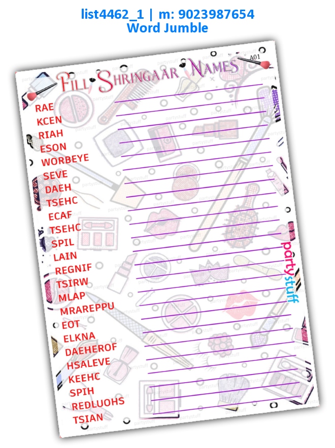 Shringaar Words Unjumble | Printed list4462_1 Printed Paper Games