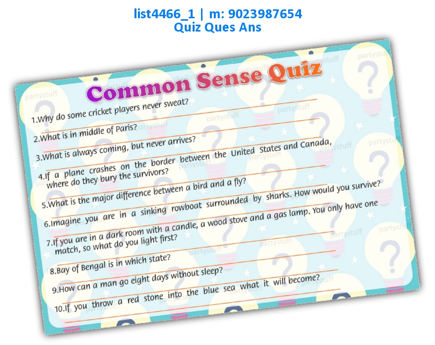 Common Sense Quiz | Printed list4466_1 Printed Paper Games